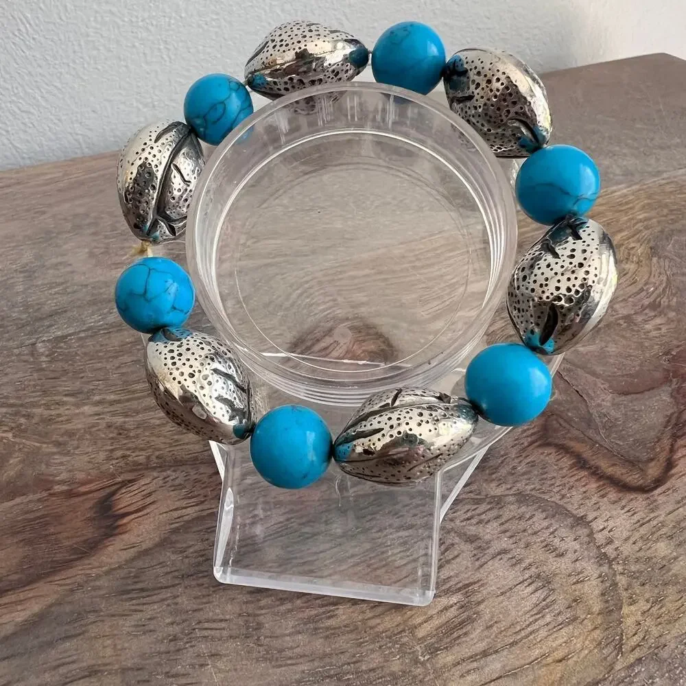 Unique and funky silver and turquoise beaded stretch bracelet